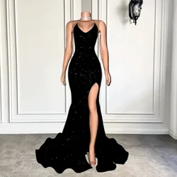 Isitayela Se-Sparkly Mermaid Sifakwe I-Sexy High Slit Black Sequined Intombazane Yase-Afrika Engenamuva Izingubo Ezinde ze-Prom 2024