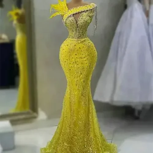 Robes de soirée jaunes de luxe avec paillettes perlées, robe de bal, plumes, sirène, pompon, longueur au sol, robes de mariée africaines, 2024