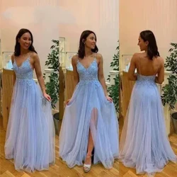 Abiti da ballo con scollo a V con applicazioni in pizzo Vestido Novia Longue Robe De Soiree Semplice Robe De Soiree Abito da sposa in pizzo Abito a trapezio