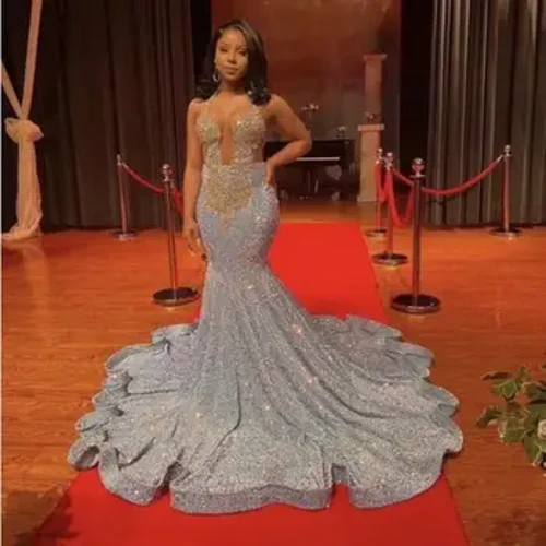 Gwisgoedd Prom pefriog Americanaidd Affricanaidd Mermaid Halter Sequins Crisialau Merched Du Nigeria Gwisg Noson Rwisg De Soiree