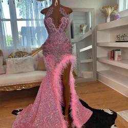 Mavazi ya Almasi ya Pinki Nzuri ya Sequin ya Prom Manyoya Fuwele za Mermaid Glitter Rhinestone Sherehe ya Kuzaliwa ya Cocktail Gauni la Nyumbani