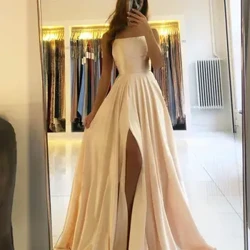 ʻO FATAPAESE Prom Dress Spandex satin Slit Side Dress A-LINE Scoop Stretch Slip Satin High Split Long Simple Evening Party