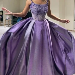 Saudi Arabien Purple Beads Sparkly Owend Kleeder Spaghetti Buedem-Längt Ärmlos Prom Kleeder Gorgeous Formell Party Kleed