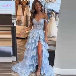 Vestido de baile longo em camadas com renda azul claro, com fenda, coração, sem mangas, tule, vestidos de noite brilhantes, linha a, vestidos formais de festa