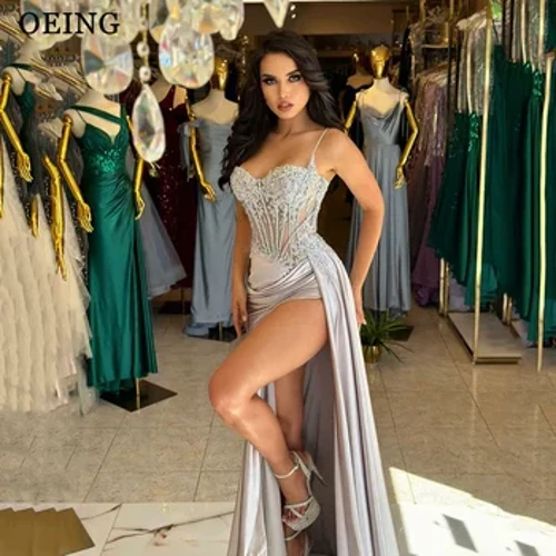 OEING Zilarrezko Sirena Prom soineko dotorea Spaghetti Strap Slit handiko andreen arratsaldeko soinekoak Okasio formalak soinekoak Festarako soinekoak