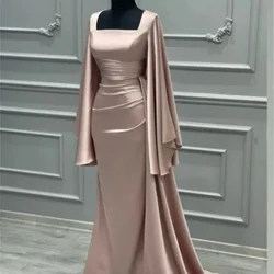 Mavazi ya Jioni ya Satin ya Mermaid Mikono Mirefu ya Shampeni ya Kola ya Mraba ya Tukio la Harusi Gauni za Dubai Arab Porm kwa Wanawake.