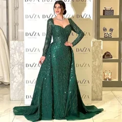 Alderdi soineko berde xarmagarria V-lepoko aleak A-line Tulle gaueko soinekoa Miaketa trena maitea Mahuka osoa Saudi Arabia Prom soinekoak