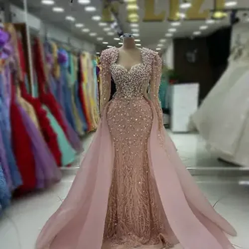 Softumşak gülgüne iki bölek Uzyn ýeňli agşam köýnekleri Arap resmi monjukly sequins üstki köýnek Mermaid agşamlyk geýimi