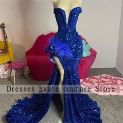 Sexy Royal Blue Sequins Prom La'ei 2024 Mo Teine Uuli Feather Mermaid Aso Fanau La'ei Fa'amavae Fa'atasi