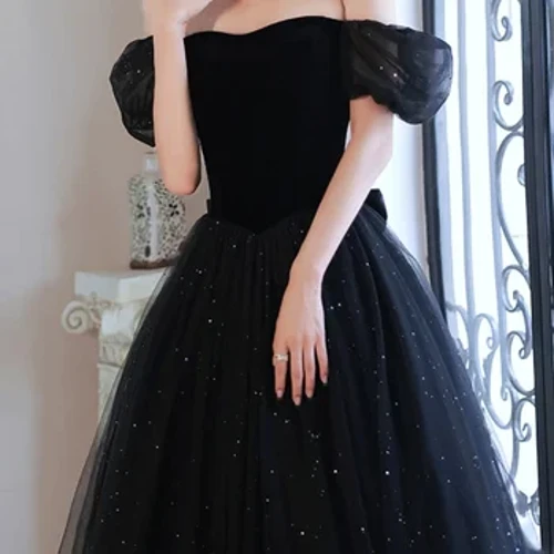 Draped สีดำสแควร์ผู้หญิงชุดราตรีพัฟแขนคอ Cross Lace Up ชุดราตรีฉัตร Party Femme Vestidos