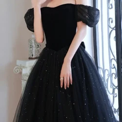 Rủ Đen Cổ Vuông Phối Nữ Dạ Hội Tay Phồng Cổ Thuyền Chữ Thập Phối Ren Quần Sịp Đùi Thông Hơi Tầng Đảng Femme vestidos