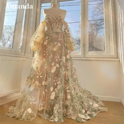 Amanda, handgefertigtes, mit Perlen besetztes Ballkleid 2023, Prinzessinnen-Abendkleid mit Puffärmeln, schulterfreie Partykleider, Robe de Soirée