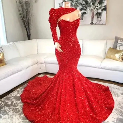Áo vũ hội dài nàng tiên cá sequin màu đỏ 2023 Cô gái châu Phi được thiết kế cổ cao với áo choàng buổi tối mới