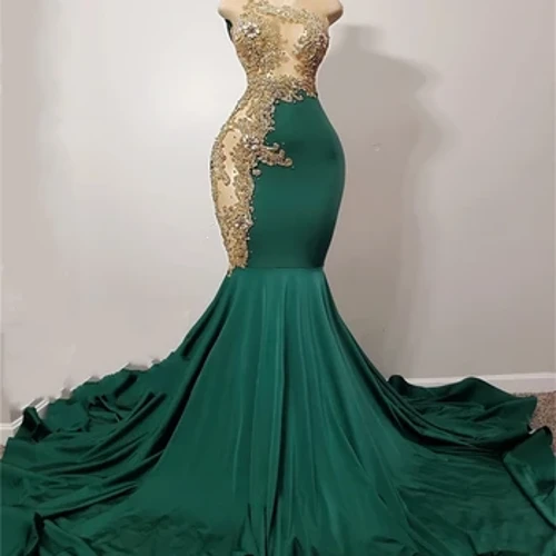 Smaragd Gréng Mermaid Luxus afrikanesch Prom Kleed Fir Schwaarz Meedchen Gold Applique Diamant Kristall Gillter Rock Owend Formal Kleed