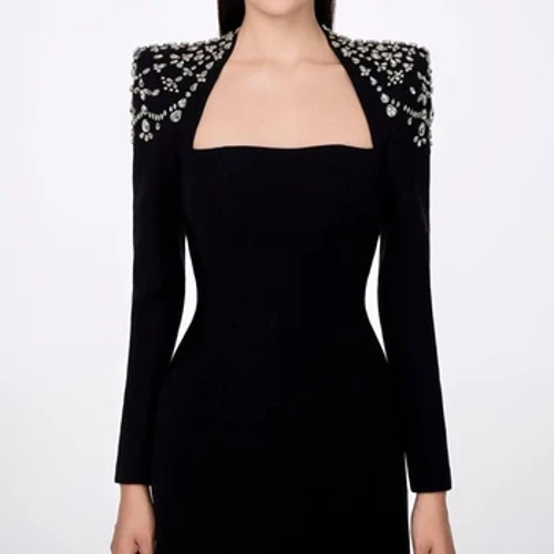 Buổi tối may mắn cổ điển thanh lịch Crystal Crystal đính cườm Black Square cổ áo tùy chỉnh dịp ăn mặc váy dạ hội buổi tối