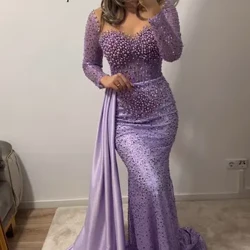 Arabe Lilas Violet Perles Perles Manches Longues Sirène Robes De Soirée avec Queue Latérale 2024 Occasions Formelles Robes De Femmes Élégantes