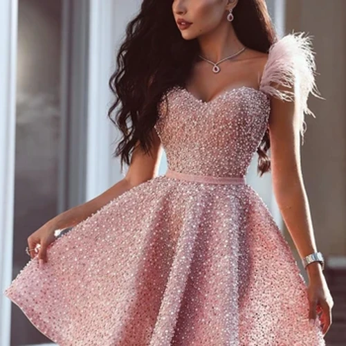 Robe de soirée de luxe rose perlée pour femmes, chérie avec plumes, pour occasions formelles, robes de Cocktail, de mariage, de bal, 2024