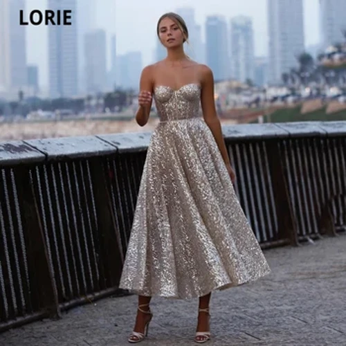 LORIE Glitter Sequin Parpailak Prom soinekoak Maite A-Line Laburra Prom soinekoak Bizkarralde irekia Mahukarik gabeko Tea-luzera festa formalak Soinekoak