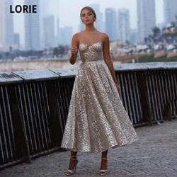 LORIE Glitter Sequin Parpailak Prom soinekoak Maite A-Line Laburra Prom soinekoak Bizkarralde irekia Mahukarik gabeko Tea-luzera festa formalak Soinekoak