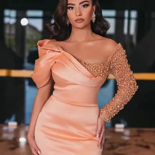 2023 Váy dạ hội Mermaid Mermaid khiêm tốn Pearl đính cườm satin dài tay chính thức tiệc tùng prom فات