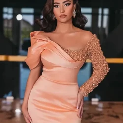 2023 Nā ʻaʻahu ahiahi mermaid ʻArabia ma ke ʻano he ʻeleʻele ʻeleʻele Satin mau lima lōʻihi o ka wā ʻahaʻaina ʻaʻahu hoʻolauleʻa فساتين للحفلات الراقصة