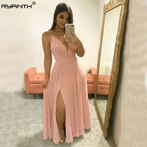 Ryanth Rochii de bal cu bretele spaghete, în linie A, pentru femei, 2024, cu decolteu în V, rochie de ocazie formală, rochii de seară cu fantă înaltă, rochii pentru femeie