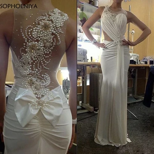 Yangi kelgan oq spandex suv parisi kechki liboslari 2024-yilning maxsus holatlari uchun kristalli marvaridlar shaffof tulli orqa partiya liboslari
