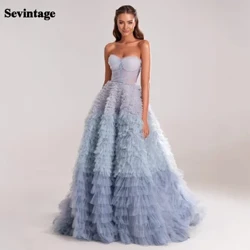 Gwisgoedd Prom Glas Sevintage Ryfflau Haenog Tulle Pleat Ruched A-Line Heb Gefn Sawdi Arabaidd Gŵn Parti Merched Nos 2022
