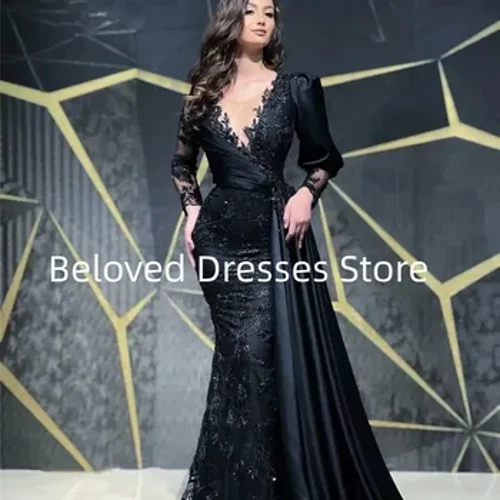 Schwaarz Owend Kleed Prom Elegant V-Hals Héich Réck Kleed Italienesch Nuddelen Decal Formell Occasiounskleed Fraen Owend Kleed