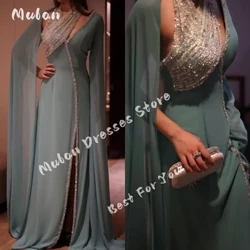Glanzende Pailletten Tule Sparkly Halter Avondjurken 2024 V-hals Cape Mouwen Arabië Formele Gelegenheid Galajurk Feestjurk