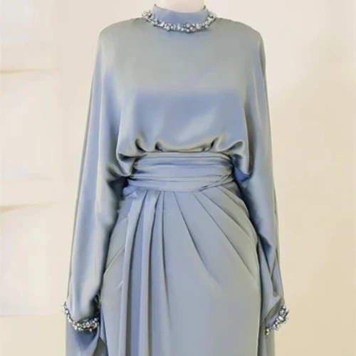 Gúnaí Prom Prom Satin Gorm Measartha Gúnaí Prom Moslamach Ard -Mhuineál Gowns Prom Dubai Araib Araib 2024 Do Mhná Gúnaí Páirtí Foirmiúil