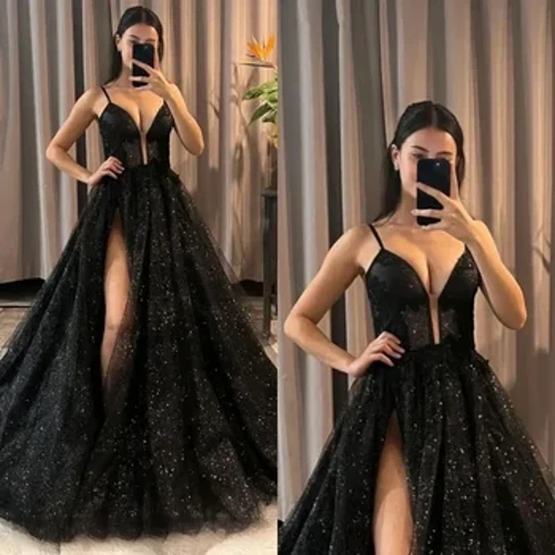 I-Sweetheart Black Prom Dresses Straps Appliques Glitter Party Evening gowns Ihlukanisa Ingubo Esemthethweni Esemthethweni Yokhaphethi Obomvu ende Yesenzakalo Esikhethekile 1