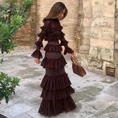 Koendye Prom Dresses Lengan Panjang Arab Saudi Wanita Memakai Pesta Pernikahan Tingkat Lantai Panjang Evening Formal Gaun Pesta