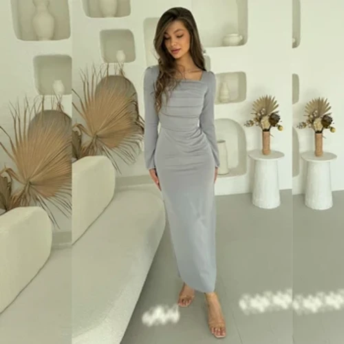 Gaun Prom Arab Saudi Jersey Pleat Engagement A-line Leher Persegi Dipesan Langsung Gaun Midi Gaun
