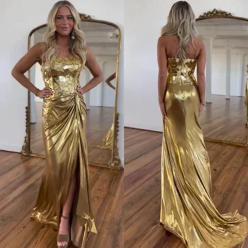 Vestidos longos de festa em cetim drapeado com pregas evasê sem alças sob medida