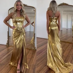 Satin Draped Pisli Ro'molli partiya A-line Straplez Buyurtmali bayram liboslari Uzun ko'ylaklar
