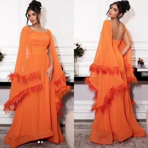 Ballkleid Saudi-Arabien, Abschlussball, Chiffon, Feder, Quinceanera, A-Linie, quadratischer Ausschnitt, maßgeschneidertes Abendkleid, bodenlang