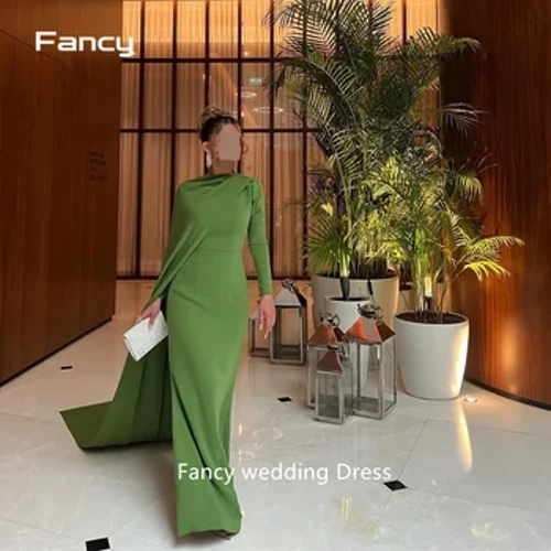 Fancy Saudi-Arabien Satin Falten Strand A-Linie Stehkragen Maßgeschneidertes Abendkleid Lange Kleider Maßanfertigung