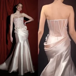Vestido de noche plisado drapeado con flores de raso, corte en A, sin tirantes, vestido para ocasiones a medida, vestidos largos