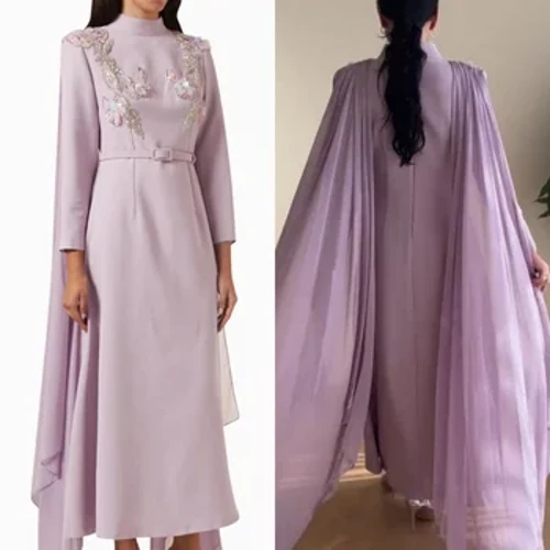 Jerseu cu mărgele drapeate geneve A-line guler înalt rochie de ocazie la comandă Rochii cu mânecă lungă