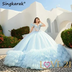 Luksuslik taevasinine printsess Quinceanera kleit korsett kleit lilledega aplikatsioonid helmed astmeline volang Vestidos De 15 Años sünnipäevapidu