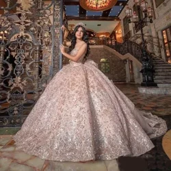 Robe De Quinceanera en or Rose avec des Appliques en cristal scintillant, robe De bal, épaules dénudées, perles, douce robe De 15 filles, 2024
