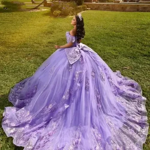 Lavender Blac Quinceanera Сукенка з карункавай аплікай з карункамі, якія пацеюць мексіканскі салодкі 16 Vestidos de xv 15 anos yqd434