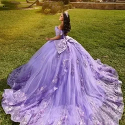 Lavender Blac Quinceanera Сукенка з карункавай аплікай з карункамі, якія пацеюць мексіканскі салодкі 16 Vestidos de xv 15 anos yqd434