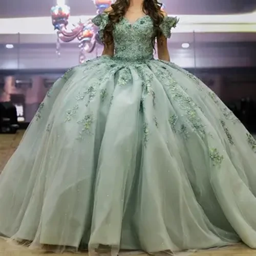 ʻO ka ʻaʻahu ʻaʻahu ʻaʻahu ʻahaʻaina ʻo Kamāliʻiwahine Lace Appliques ma waho o ka poʻohiwi no nā makahiki he 16 a me ka lole ʻaʻahu ʻaʻahu ʻo ka Mint Green Sweetheart Quinceanera.