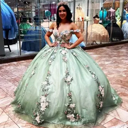 Блестящее платье Quinceanera мятного цвета в Мексике, бальное платье с открытыми плечами для девочек, милое платье с 3D цветами, 16 Vestidos Para XV Anos YQD334