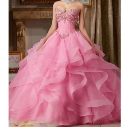 2023 Cariad 15 Mlynedd Coral Quinceanera Gwisgoedd Oddi Ar Yr Ysgwydd Organza Sequin Gleiniog Lace Up Rhad Parti Pen-blwydd
