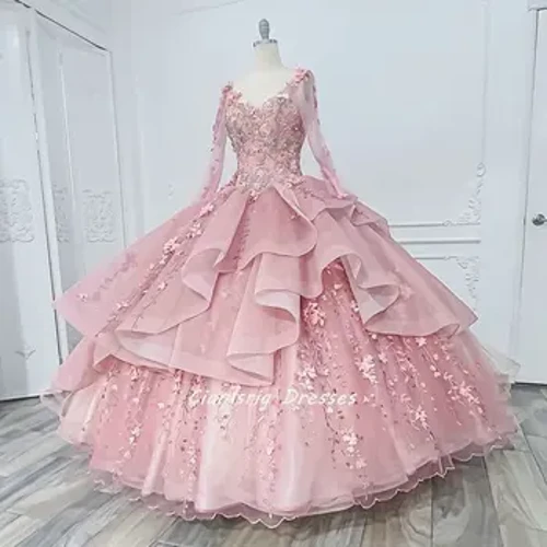 Gülgüne elde ýasalan güller, top köýnekli Quinceanera köýnekleri, uzyn ýeňli gülli eşikler krujka korset süýji 15 gyz oturylyşygy