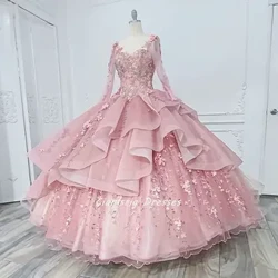 Pembe El Yapımı Çiçekler Ruffles Balo Quinceanera Elbiseler Uzun Kollu Çiçek Aplikler Dantel Korse Sweet 15 Kızlar Parti
