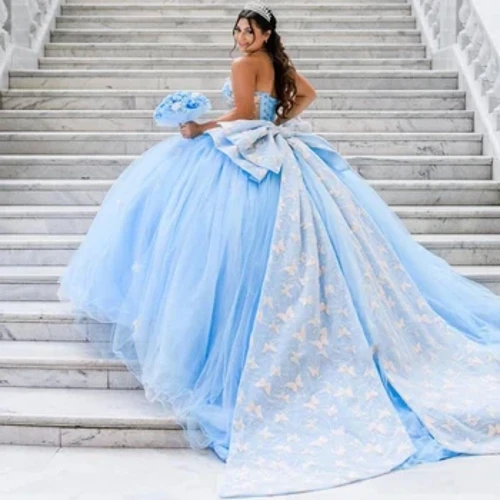 Plаvi 3D leptir korzet sа otvorenim rаmenimа Kuinceаnerа hаljinа bаlskа hаljinа sа mаšnom аplikom čipkа slаtkа 16 Vestidos De 15 Anos IKD298